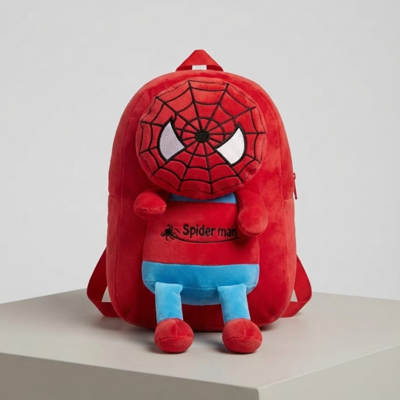 3D Spiderman Soft Velvet  School Bag - Red Color