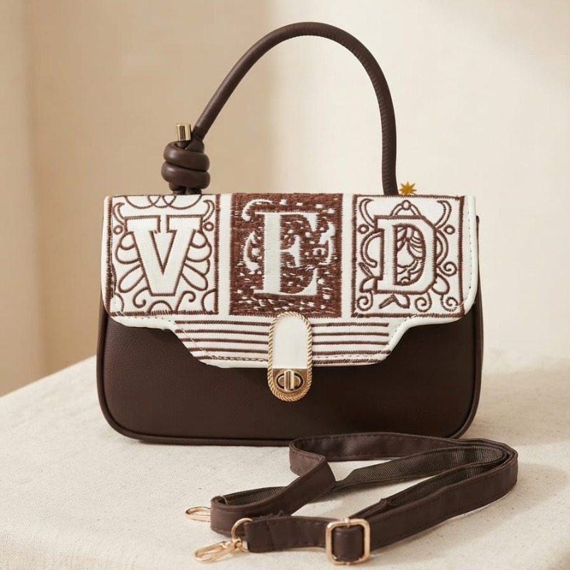 "VED" Embroidered Mini Classic Handbag (Brown)