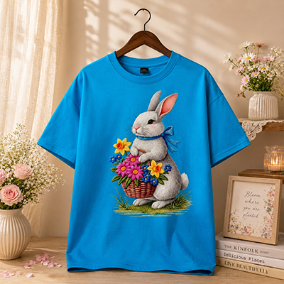 Bunny & Flower Basket Print Blue
