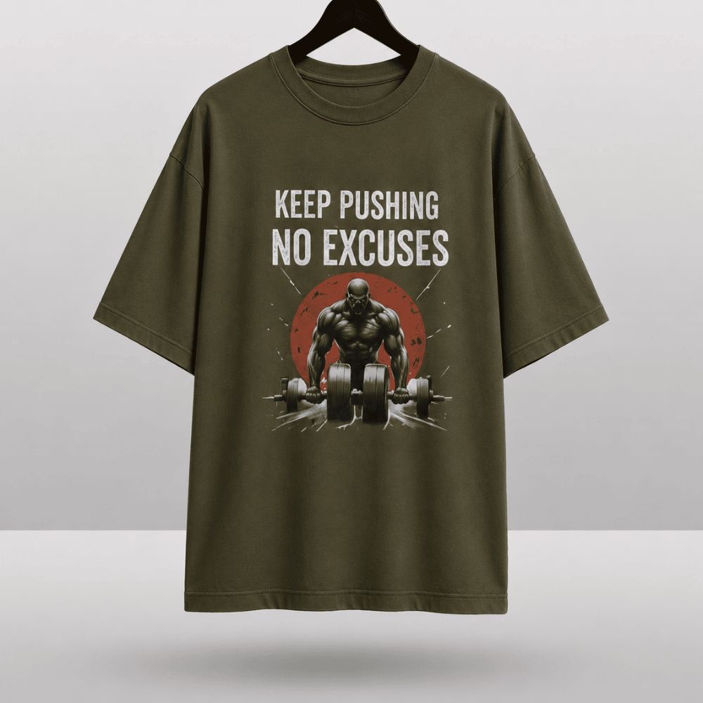 "Keep Pushing, No Excuses" Gym Graphic Drop Shoulder T-Shirt
