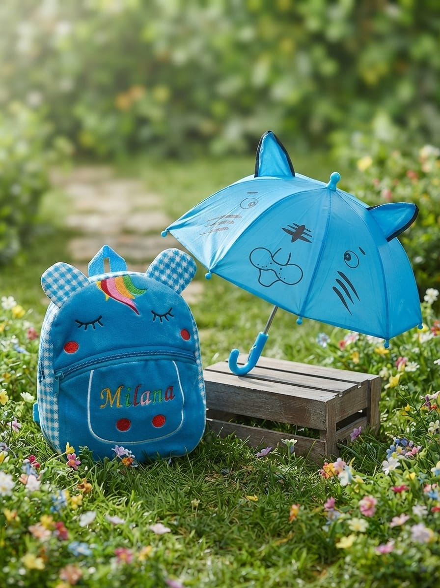 Kids Cute Cat Theme Backpack & Umbrella Combo (Blue)