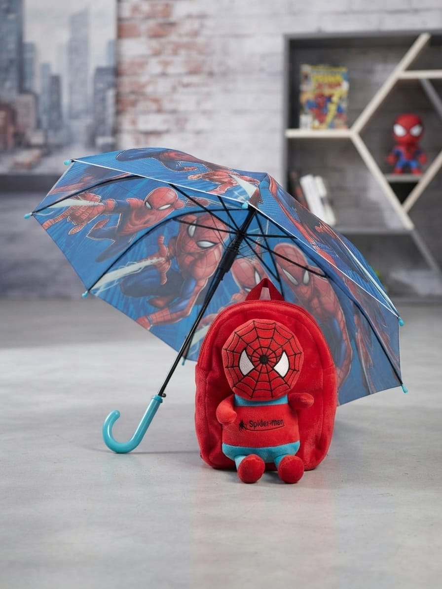 Kids Spider-Man Theme Backpack & Printed Umbrella Combo (Red & Blue)