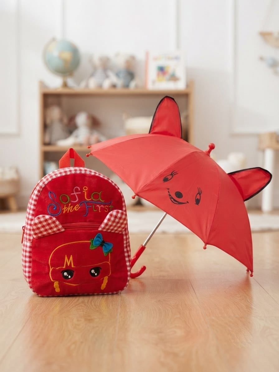 Kids Cute Cat Theme Backpack & Umbrella Combo (Red)