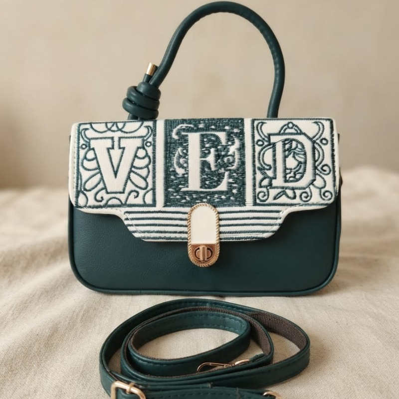 "VED" Embroidered Mini Classic Handbag (Green)