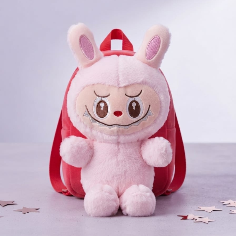 3D Cute Red & Pink Labubu Plush Toy Backpack – Red
