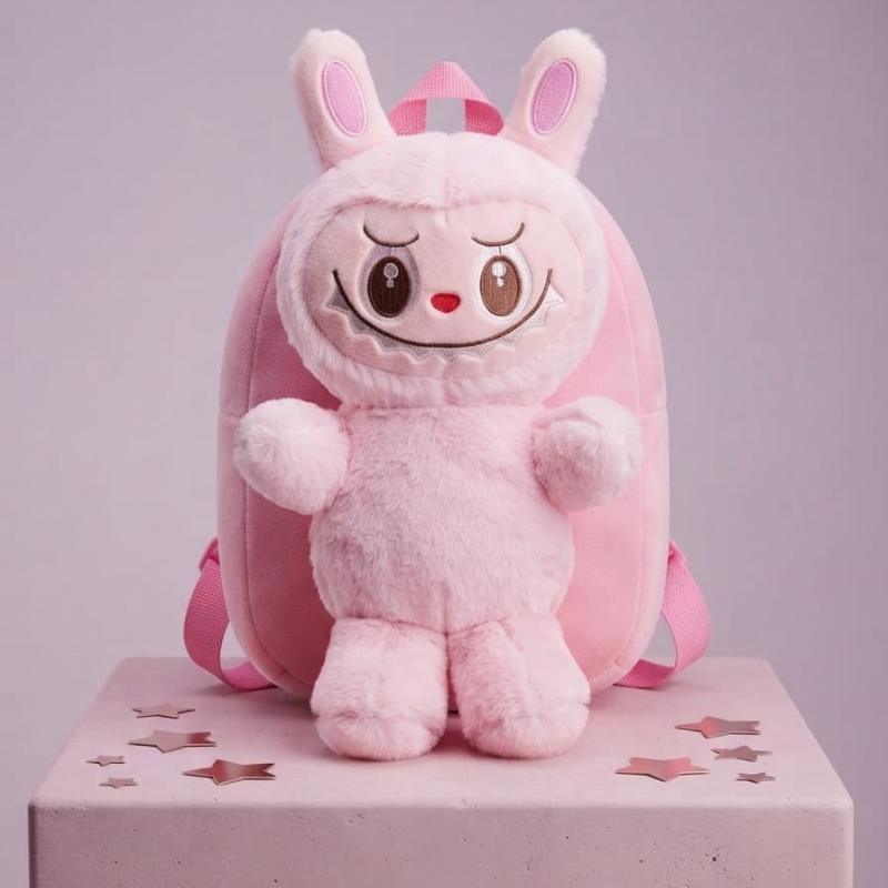 3D Cute Pink Labubu Plush Toy Backpack for Kids – Pink