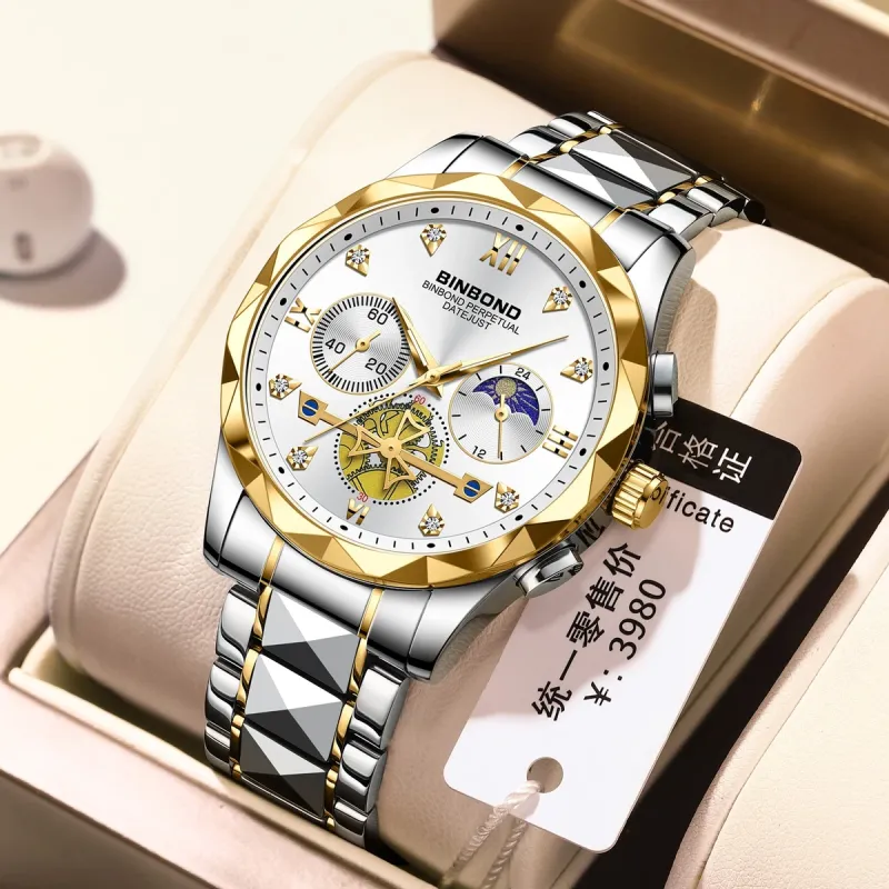 BINBOND B1236 Brand Fashion Tourbillon Dial Quartz Watches Men’s Luxury Stainless Steel