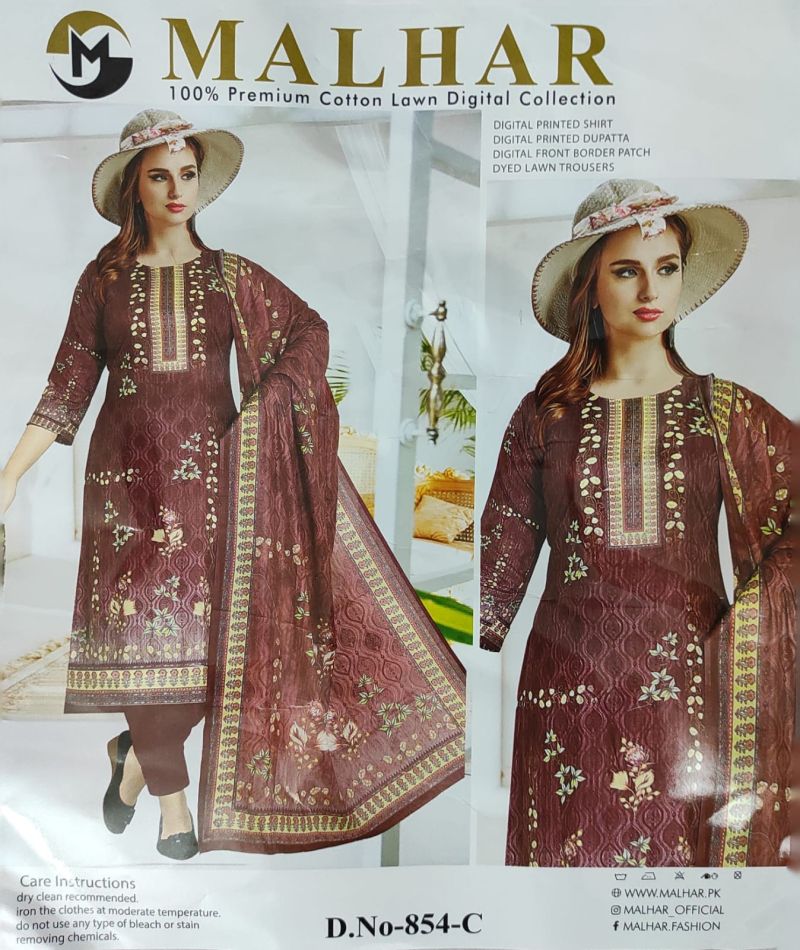 MALHAR 100% Premium cotton lawn digital printed 3 Piece