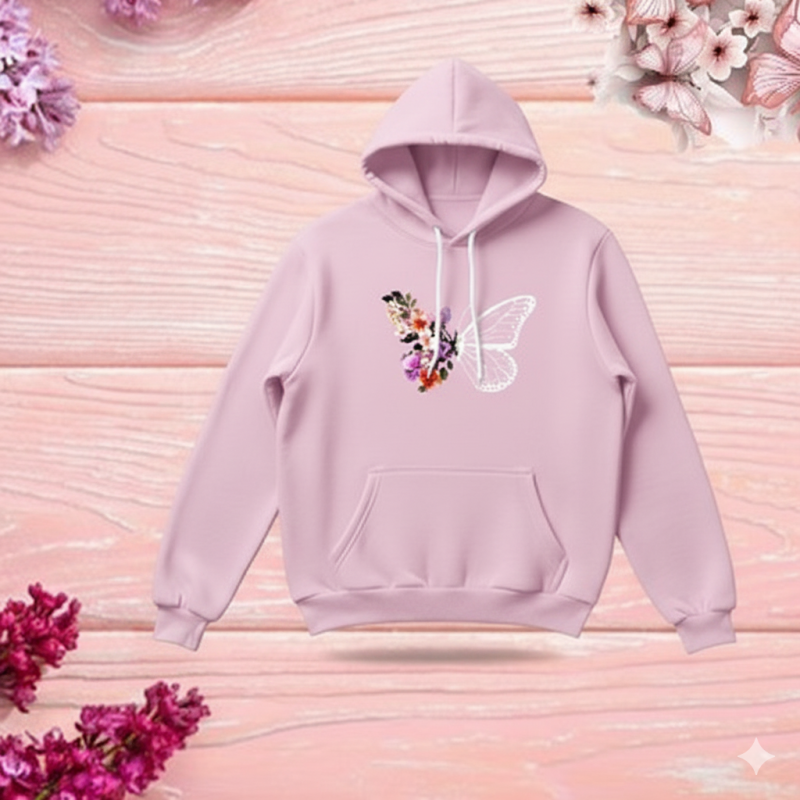 Premium Comfortable Stylish (Butterflies & Flowers-Pink) Ladies winter hoodie