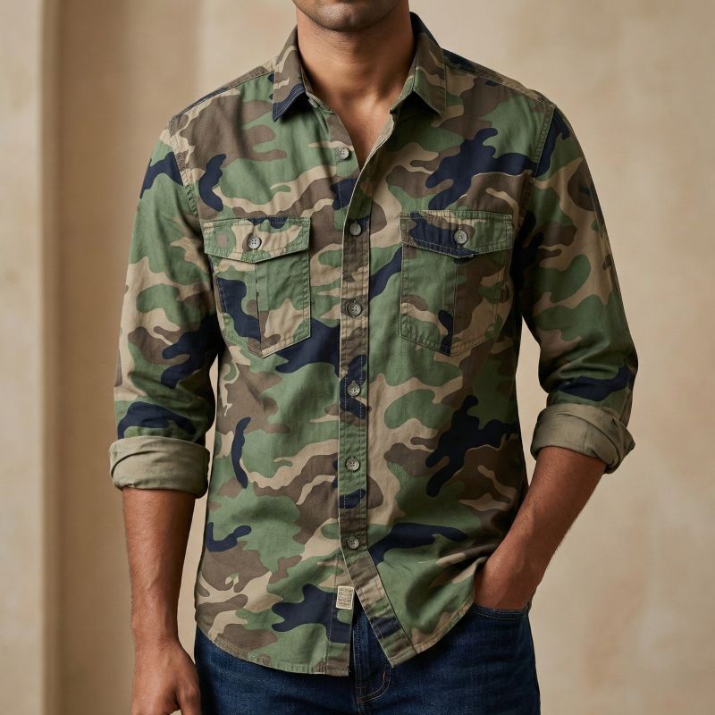Full sleeves double pocket kemo printed Shirt