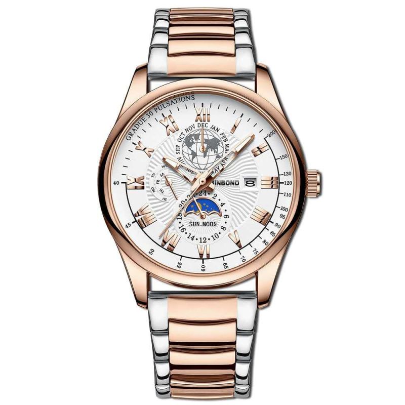 BINBOND B3982 New Style Silver Men Quartz Watch Authentic Stainless Steel Band  Date Display Dials Decoration Watch