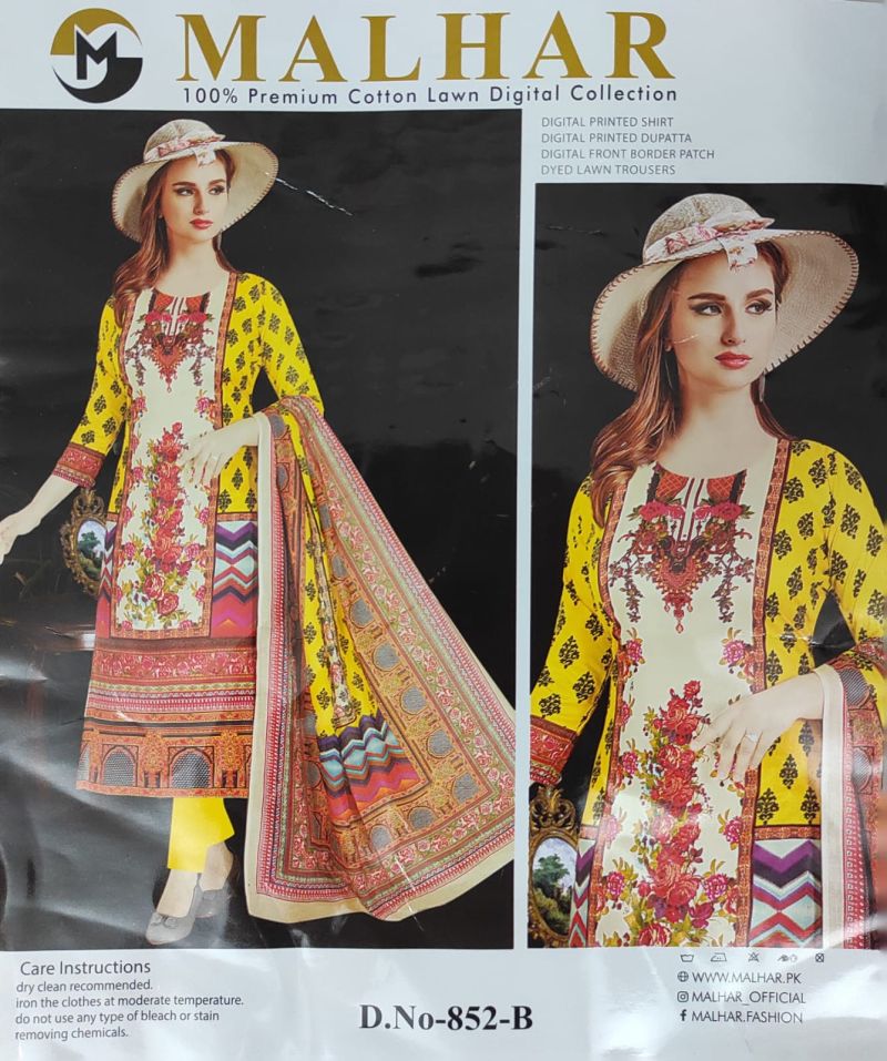 MALHAR 100% Premium cotton lawn digital printed 3 Piece