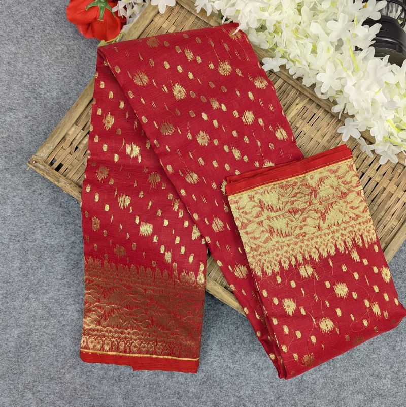 Half Silk Jamdani Saree (Off-White, Red, Purple, Lemon, Light Purple)