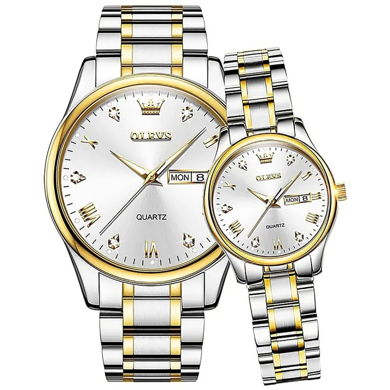 Olevs 5563 Couple Watch tow tone chain (white dial)